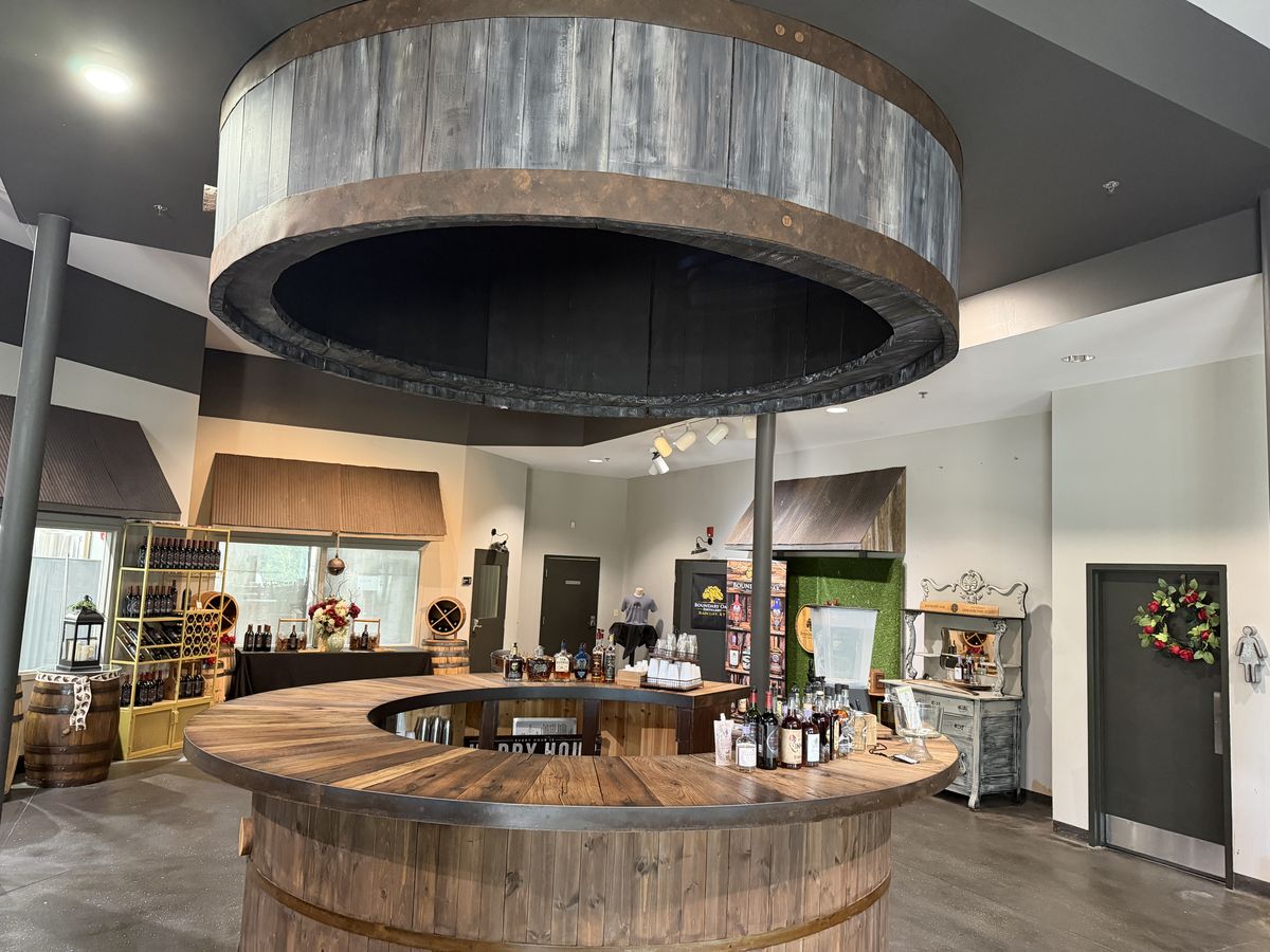 Circular tasting bar built from barrel staves inside Boundary Oak Distillery
