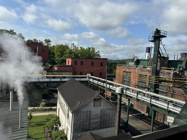 Buffalo Trace distillery campus overview with steam rising from production buildings