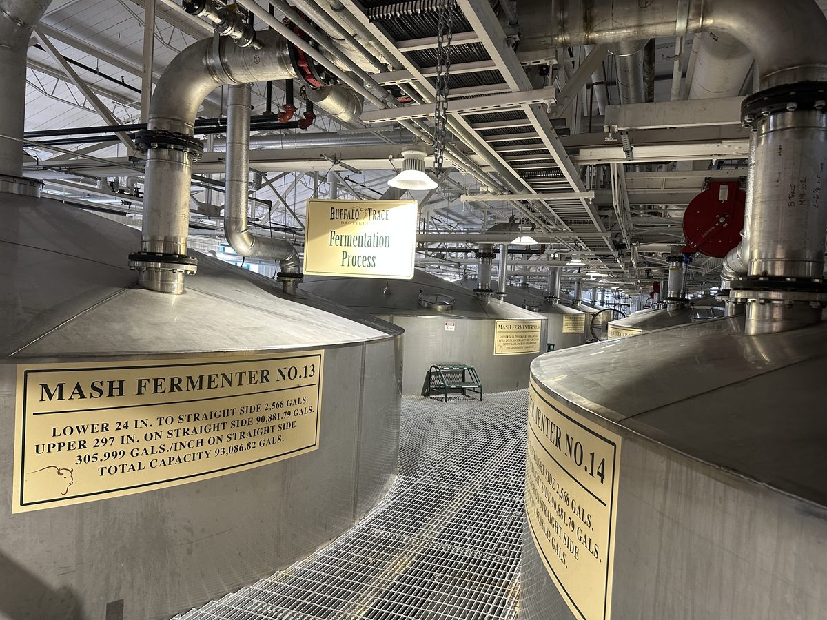 Buffalo Trace fermentation room with massive 93,000 gallon mash fermenters