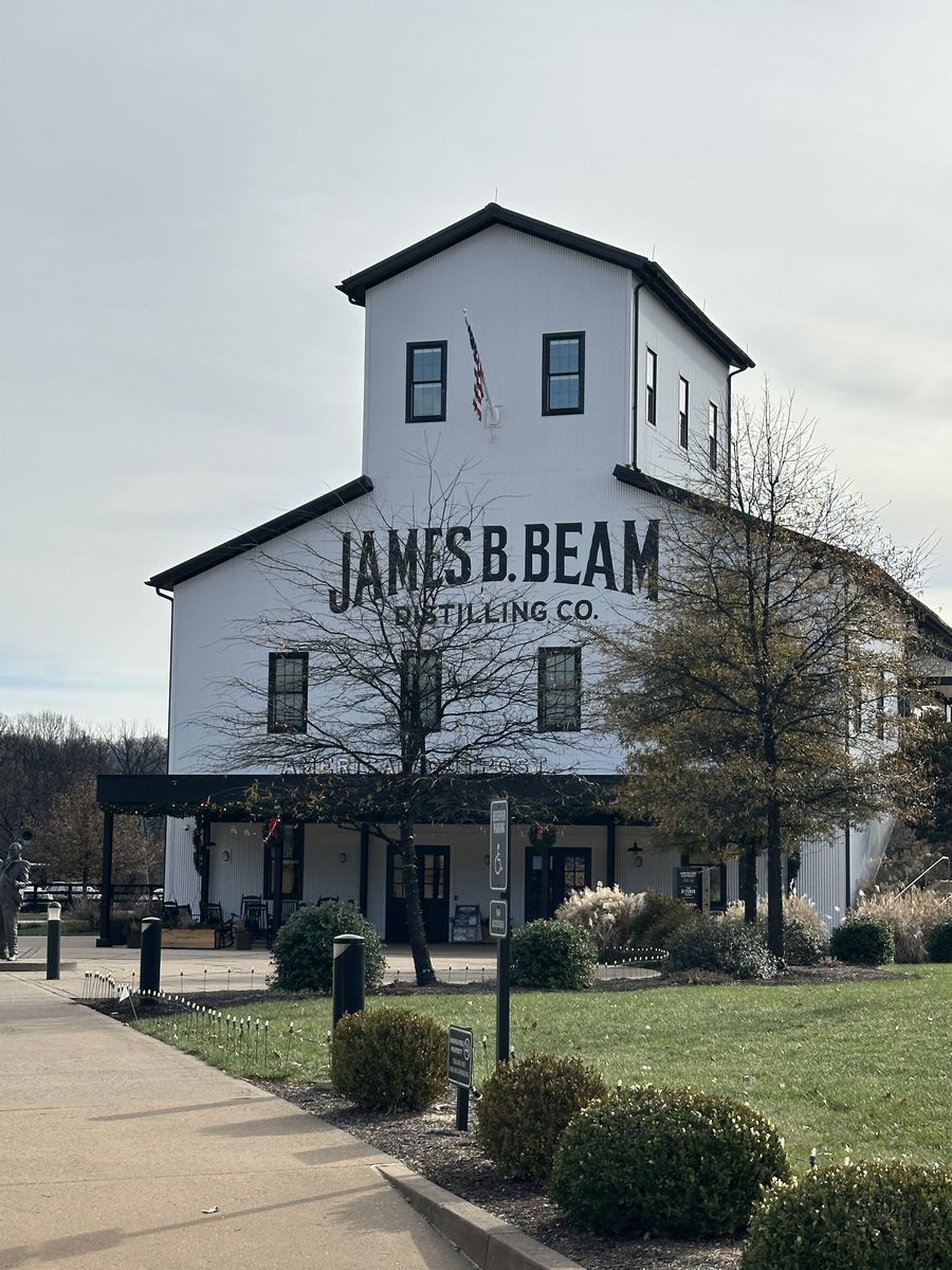 The white James B. Beam Distilling Co. building at Clermont with the name painted across the front