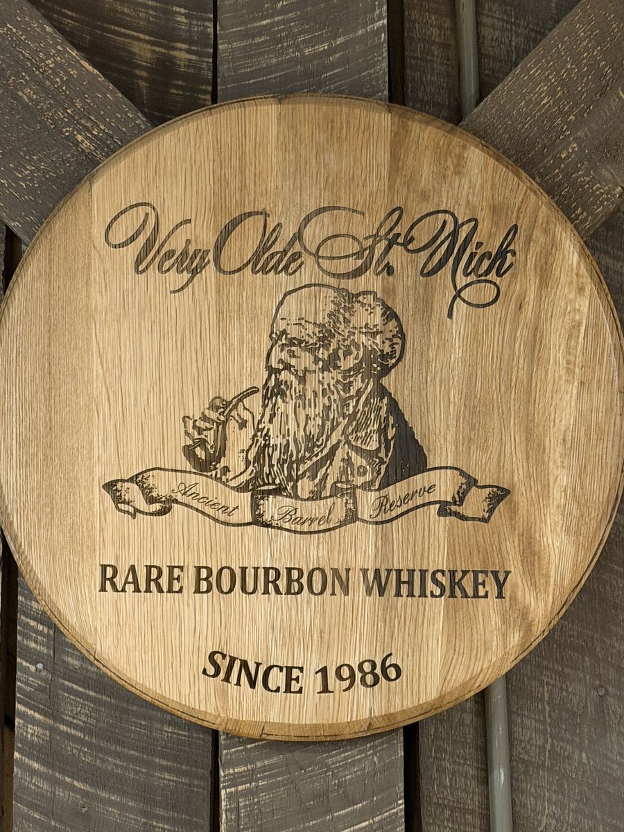 Very Olde St. Nick Rare Bourbon Whiskey barrel head sign at Preservation Distillery